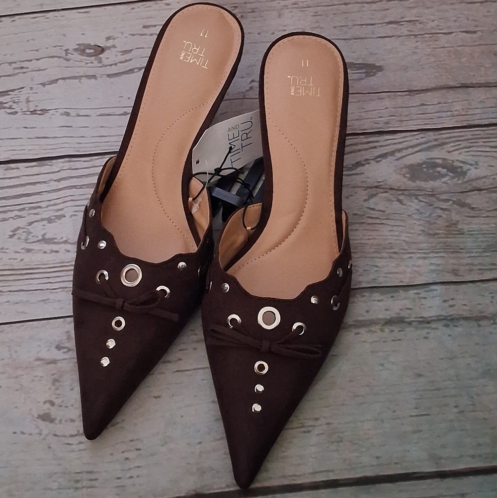Time And Tru Women's Brown Pointed Toe Kitten Heel Mules Size 11 - Picture 2 of 6